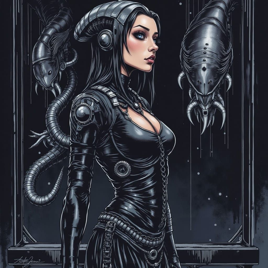 Cyborg Woman with Centipede Tattoos in Giger Style