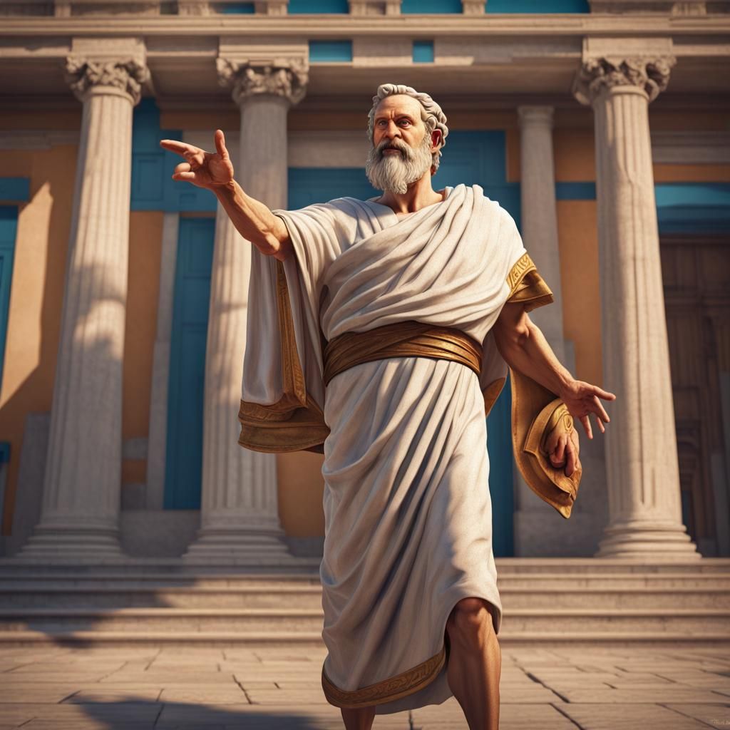 A stereotypical ancient Greek Philosopher, in a toga robe, strutting about and gesturing to the sky outside a lyceum hig...