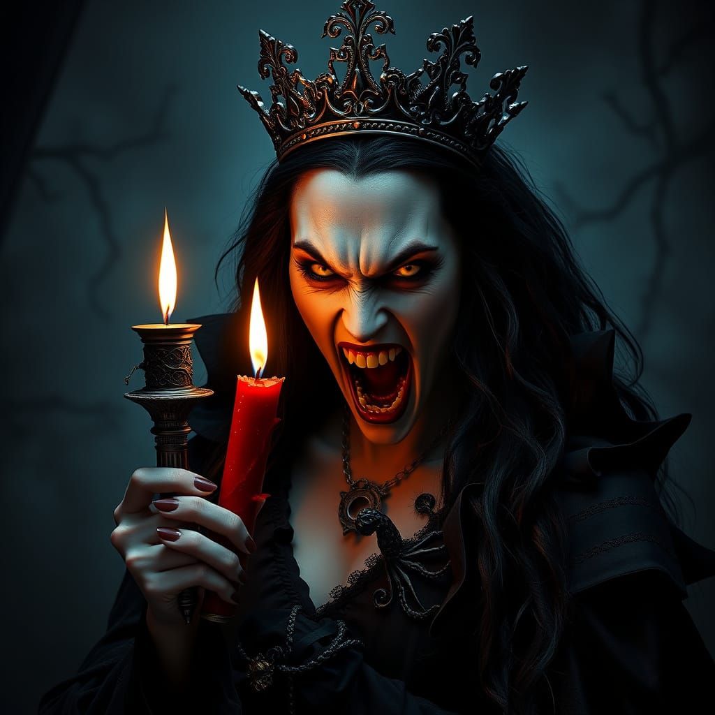 Gothic Vampire Queen in Rage, Holding Flickering Candle