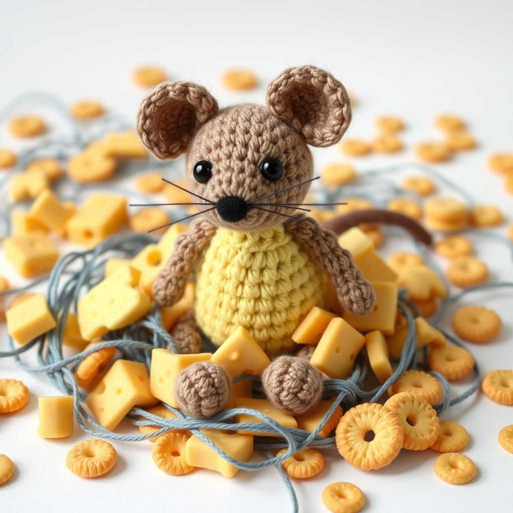 Cute Amigurumi Mouse Sits Amongst Crochet Cheese and Ritz Cr...