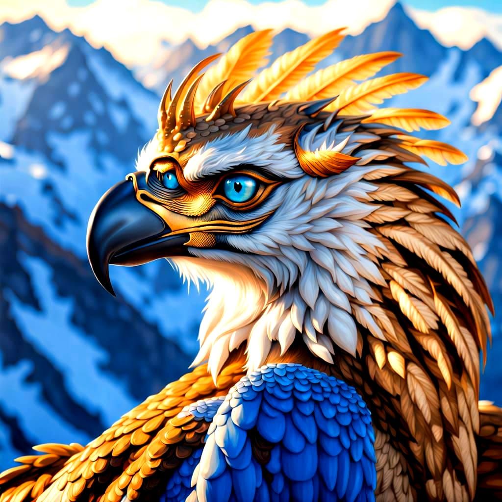 Regal Golden Griffin soars atop a Snowy Alpine Peak