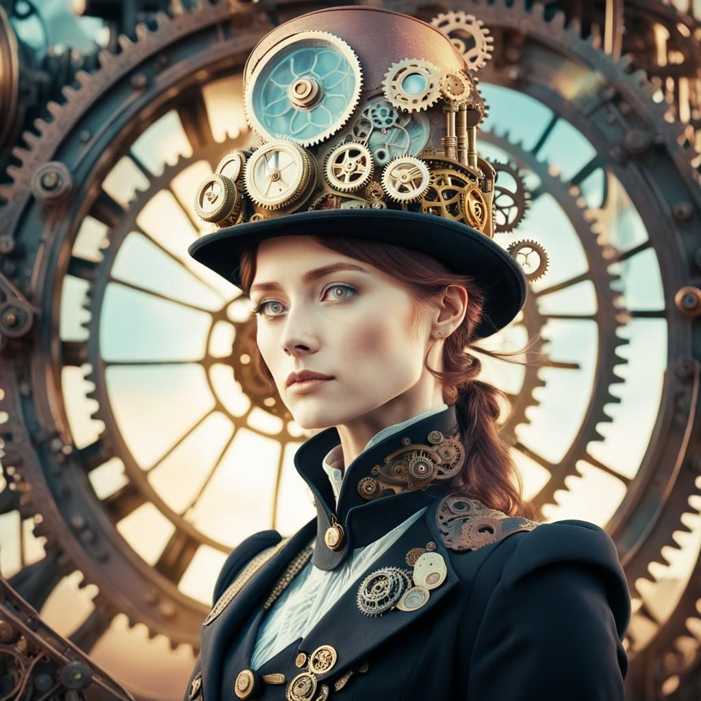 Inventor with Steampunk Hat in Double Exposure