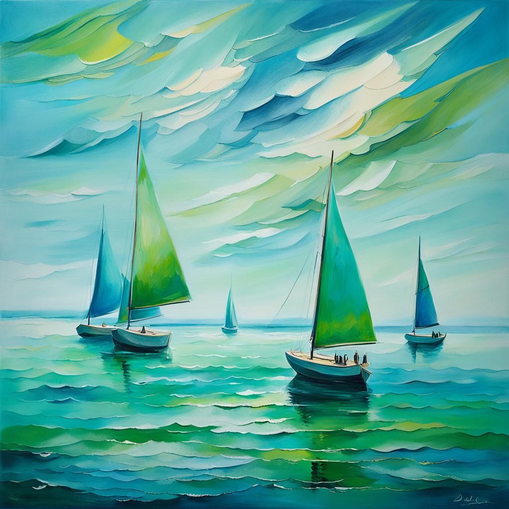 Dreamlike Ocean with Sailboats as Oil Painting