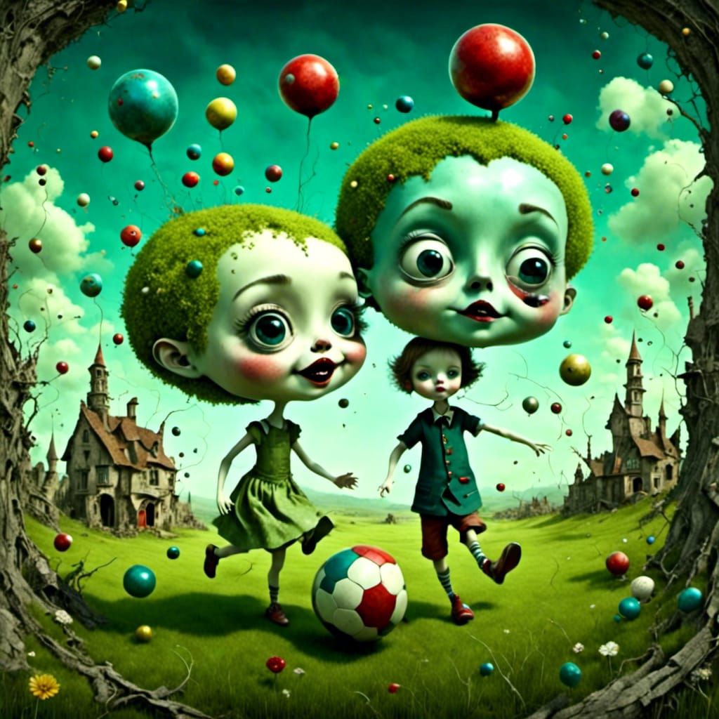 Chibi Children Playing Ball in Surreal Meadow