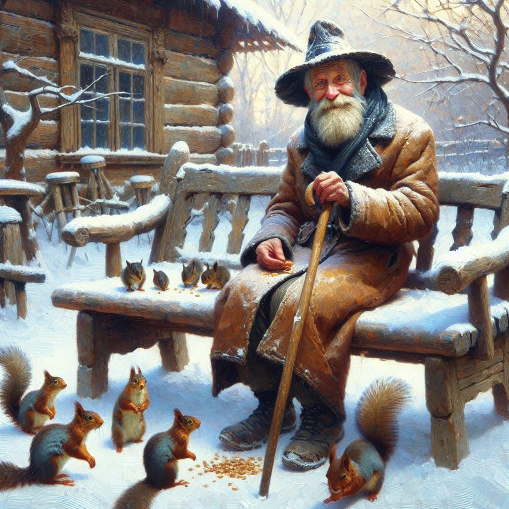 Winter Garden Scene with Man Feeding Animals as Impasto Pain...