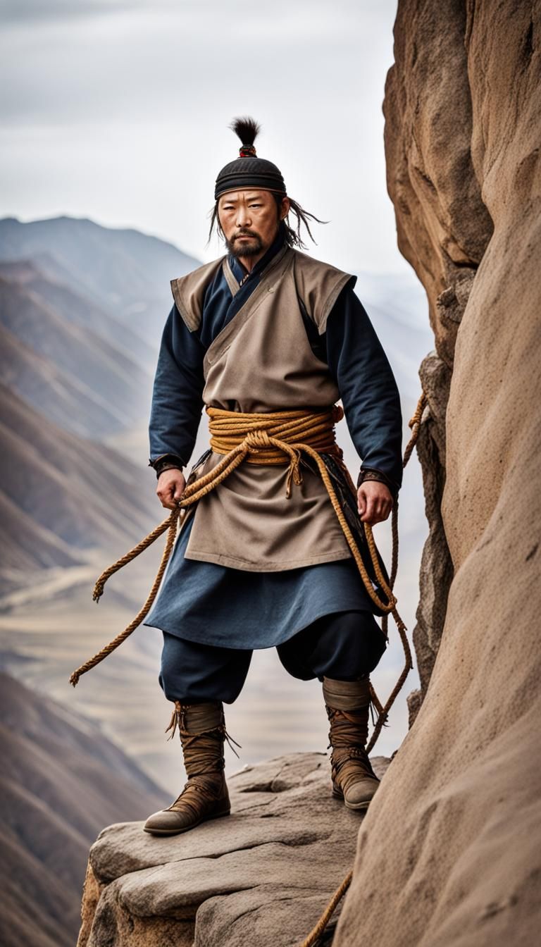 Mongol Warrior on Cliff Edge Ready to Rappel