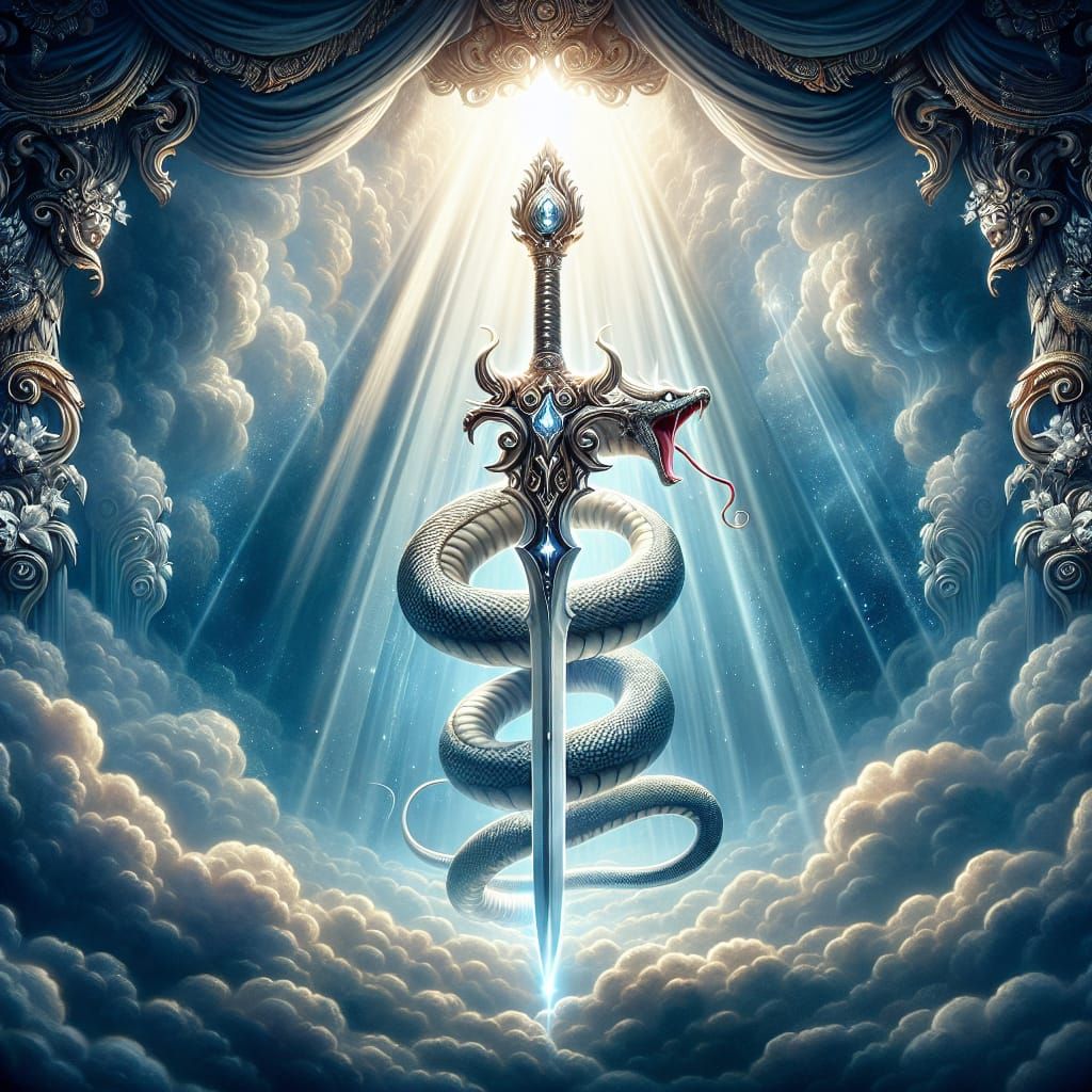 A mythical sword with a serpent coiled around it, set agains...