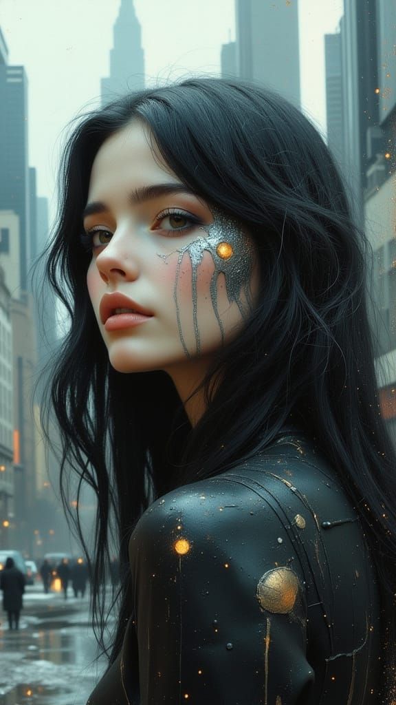 Ethereal Cyborg Goddess in Futuristic Dystopian City