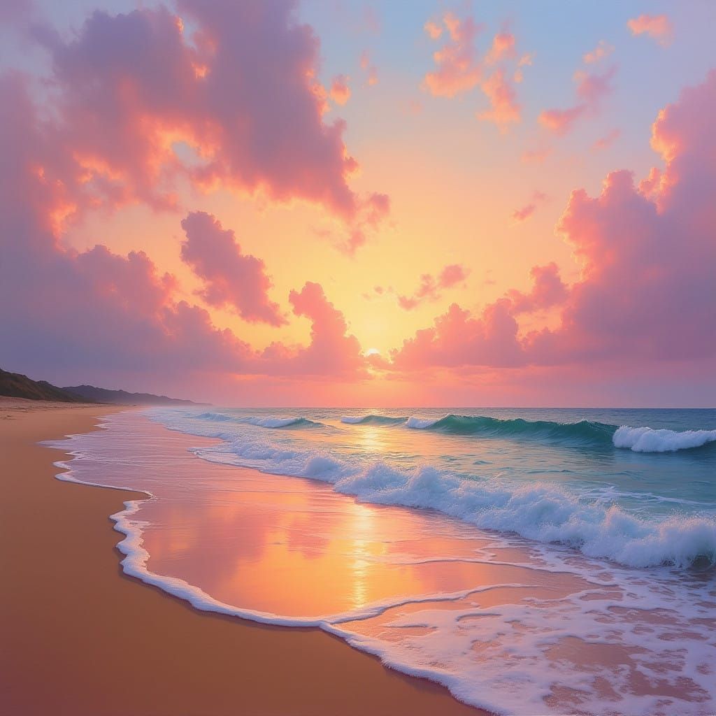 Ethereal Coastal Sunset with Dreamy Skies and Golden Sand