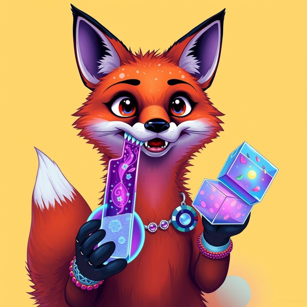 Surreal Cartoon Fox with Melting Features and Fractal Fur