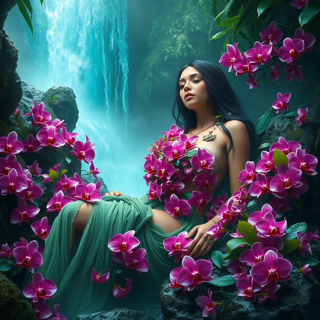 Beauty, relaxing under a waterfall dressed with orchids