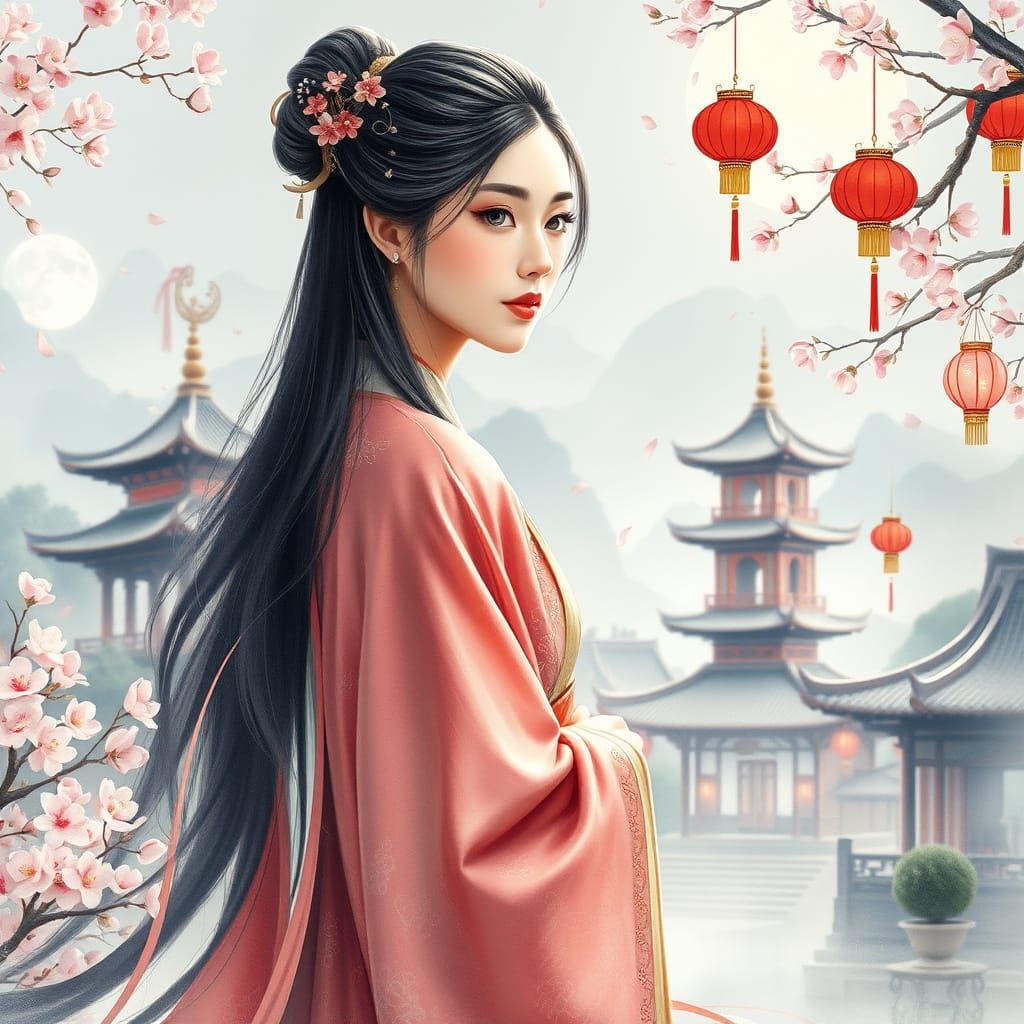Ancient Chinese Beauty in Watercolor Style