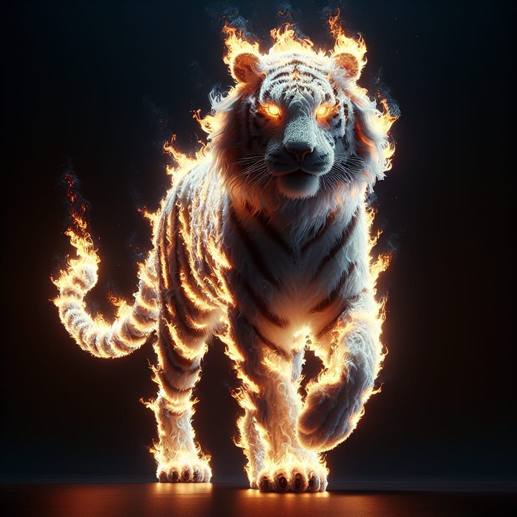 Majestic White Flame Tiger Emerges from Darkness