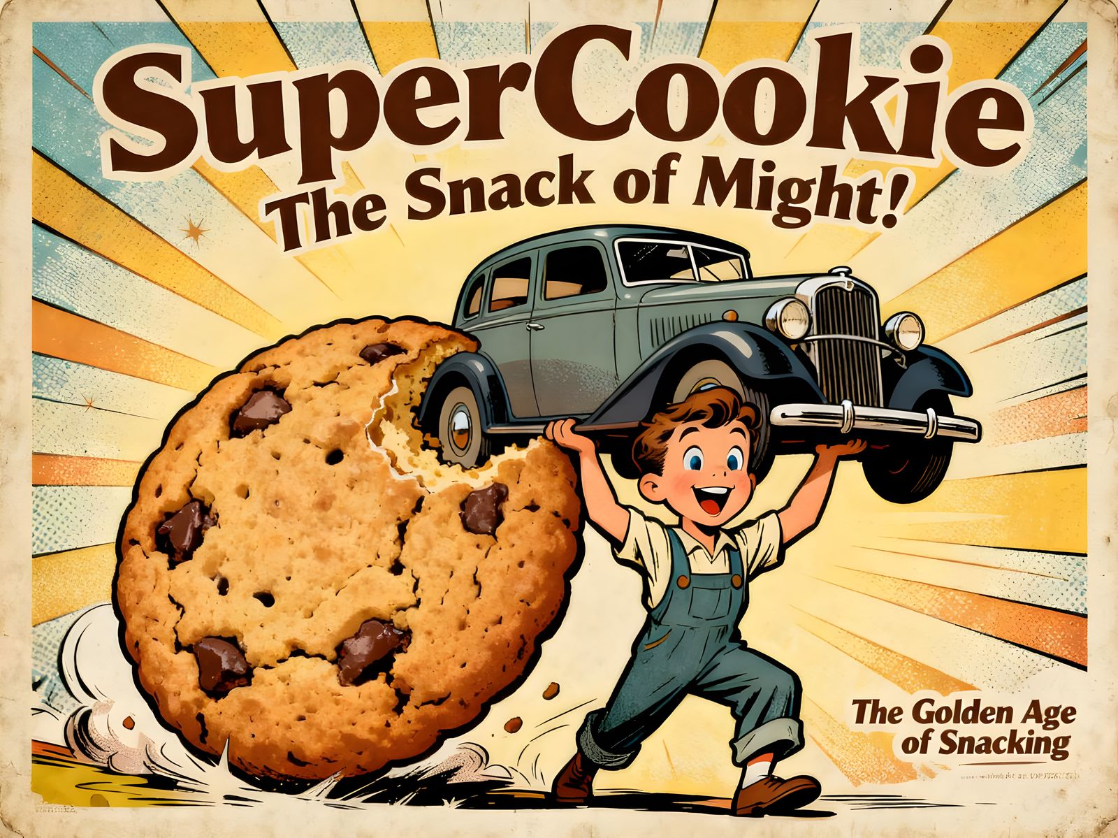 Vintage SuperCookie Poster: Child Lifts Car