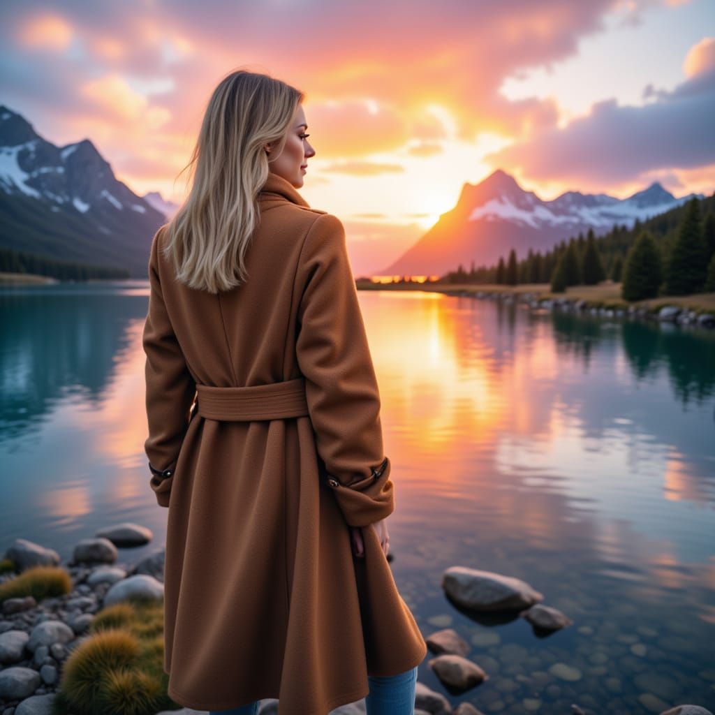 Sunset Mountain Vista with Ethereal Woman