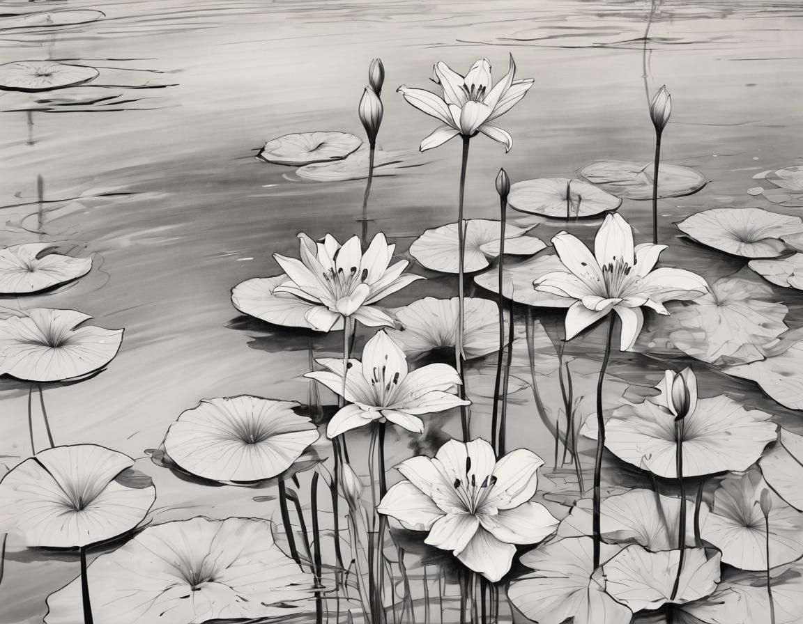 Monochrome Water Lilies in Suminagashi Style