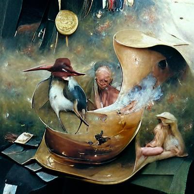 Surreal Bird Person Feast Inspired by Bosch