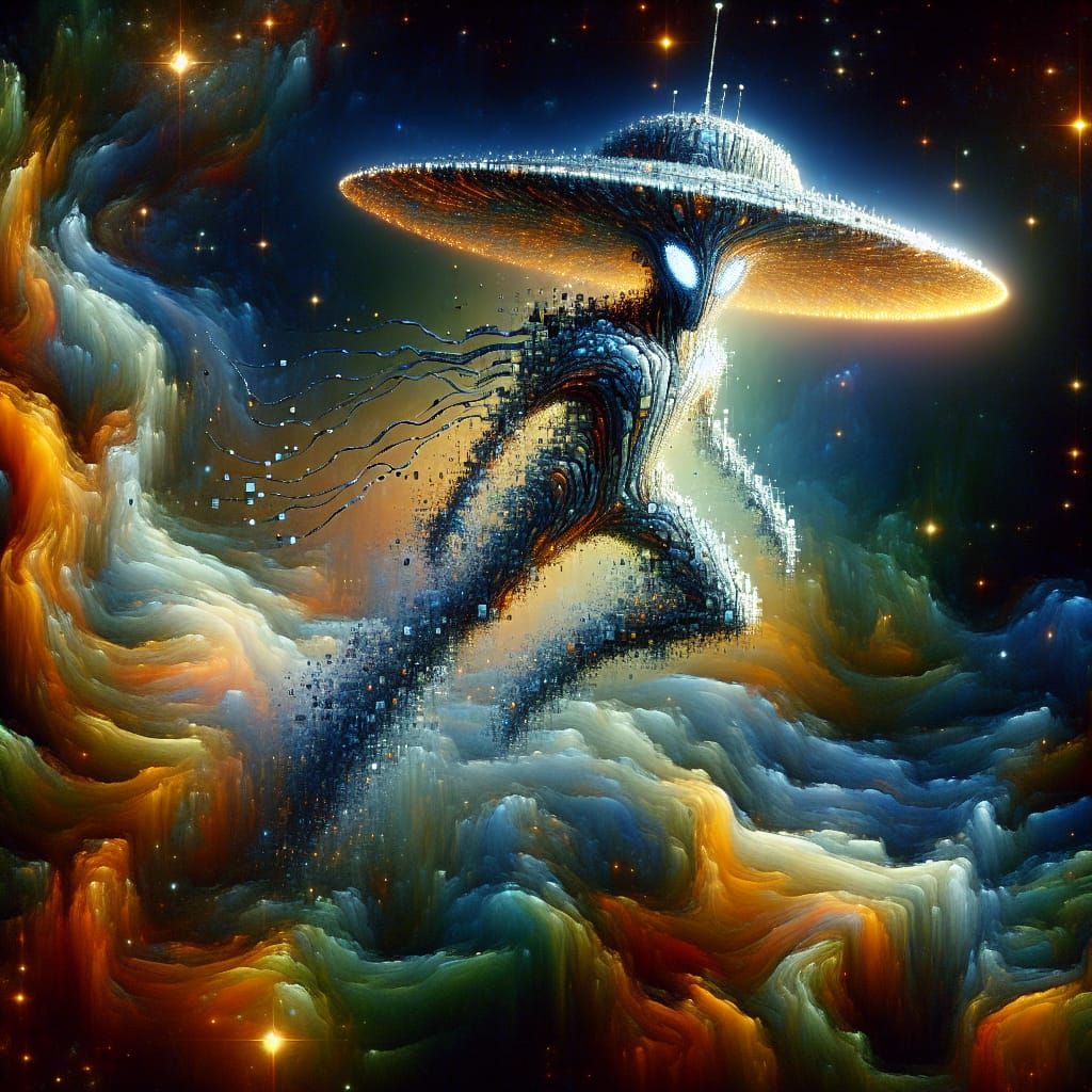 Organic UFO Transforms into Pixel Cubes in Space