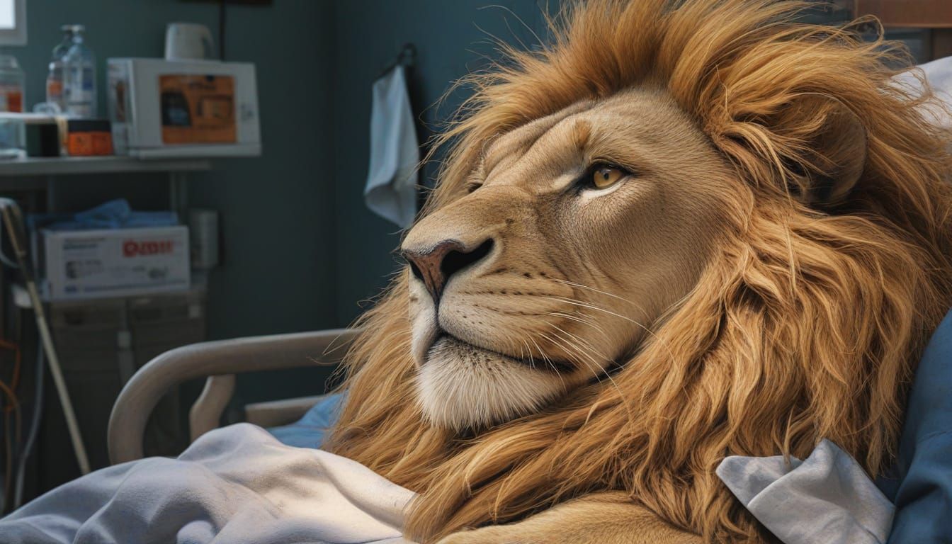 Elderly Lion's Resilience in a Hospital Bed at Night