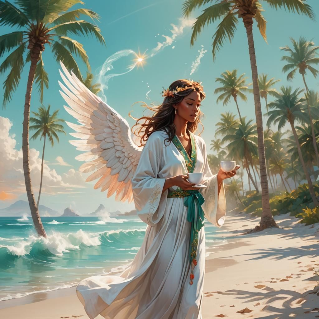 Angel on Beach with Coffee: Watercolor Art