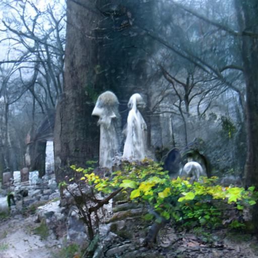 Eerie Spirit Cemetery with Moss-Covered Statues