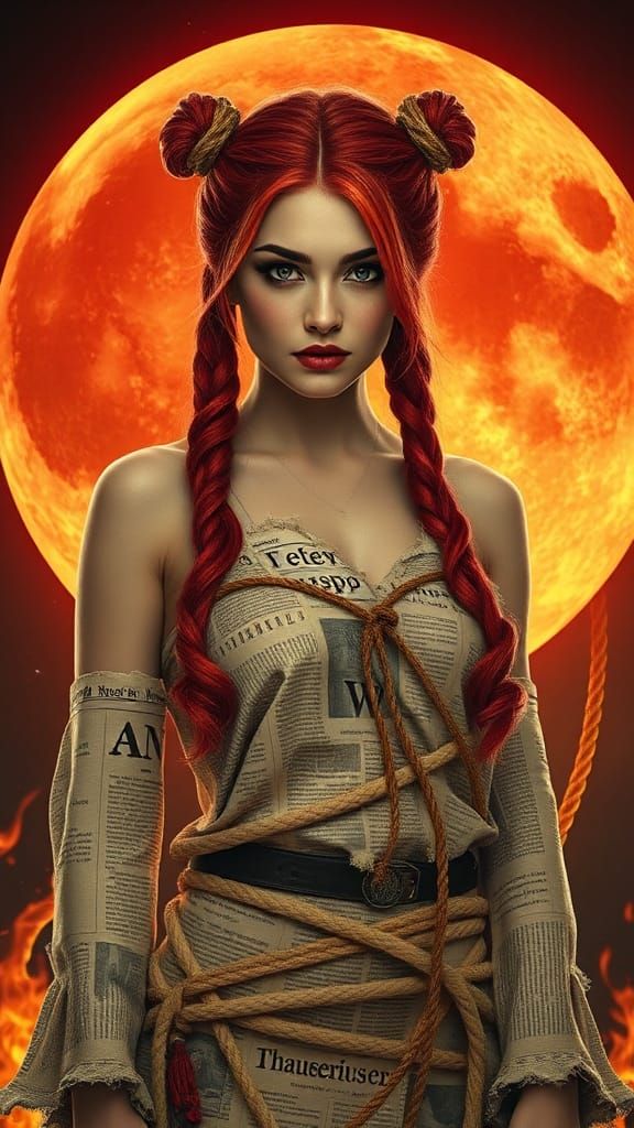 pigtails strong woman , having very long knots hair,,  threa...