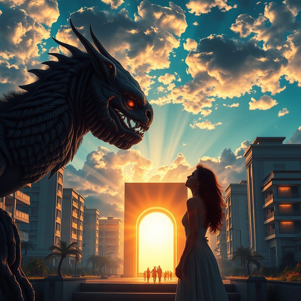 Epic Dialogue in Hyper-Realistic Celestial Urban Scene