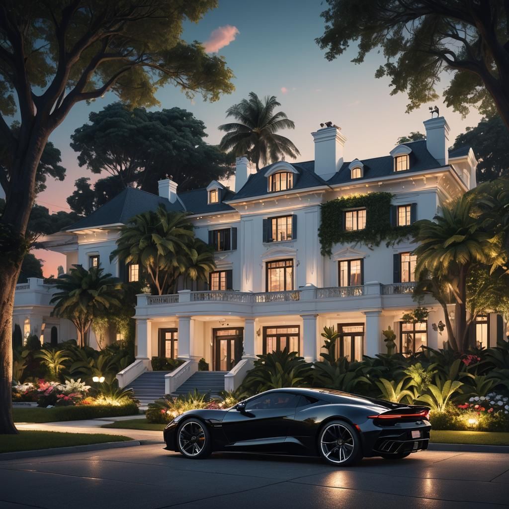 Luxury Car at Grand House: Matte Painting Style