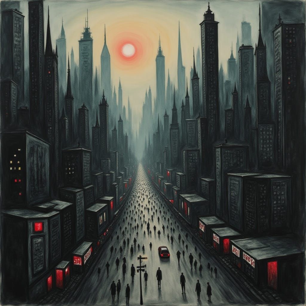 Dystopian Cityscape at Dusk in Cyberpunk Style
