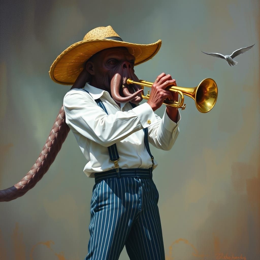 Cthulhu Plays Jazz Trumpet in a Whimsical Oil Painting
