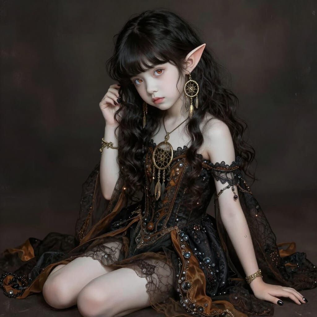 Dark Fantasy Girl with Wavy Hair and Earth Tone Dress