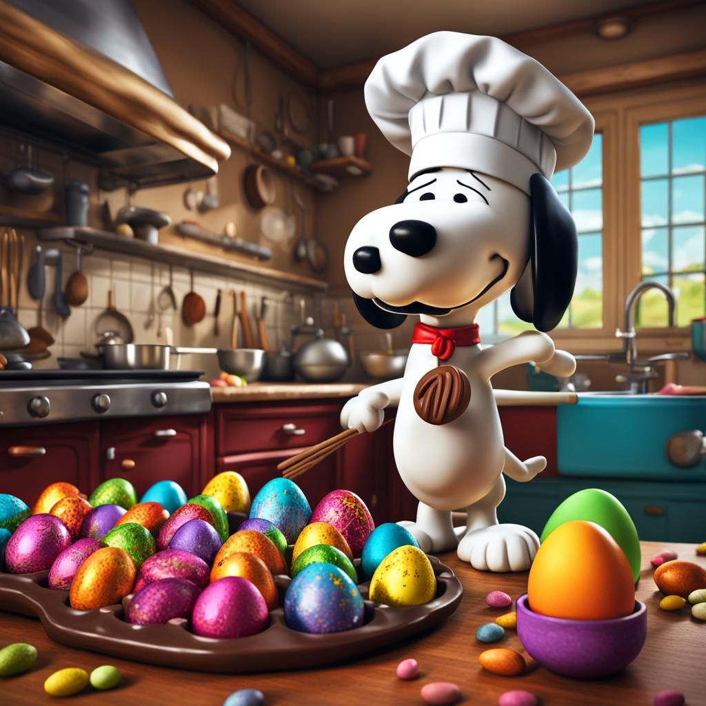 The cartoon dog, Snoopy, is in the kitchen making chocolate Easter eggs. He is wearing a chef hat. Colourful. Vibrant. B...
