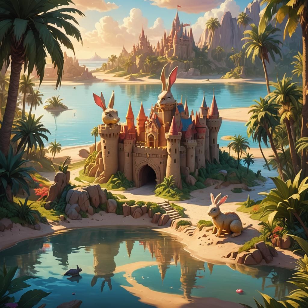Sandcastle Kingdom with Rabbit Guard in Pixar Style