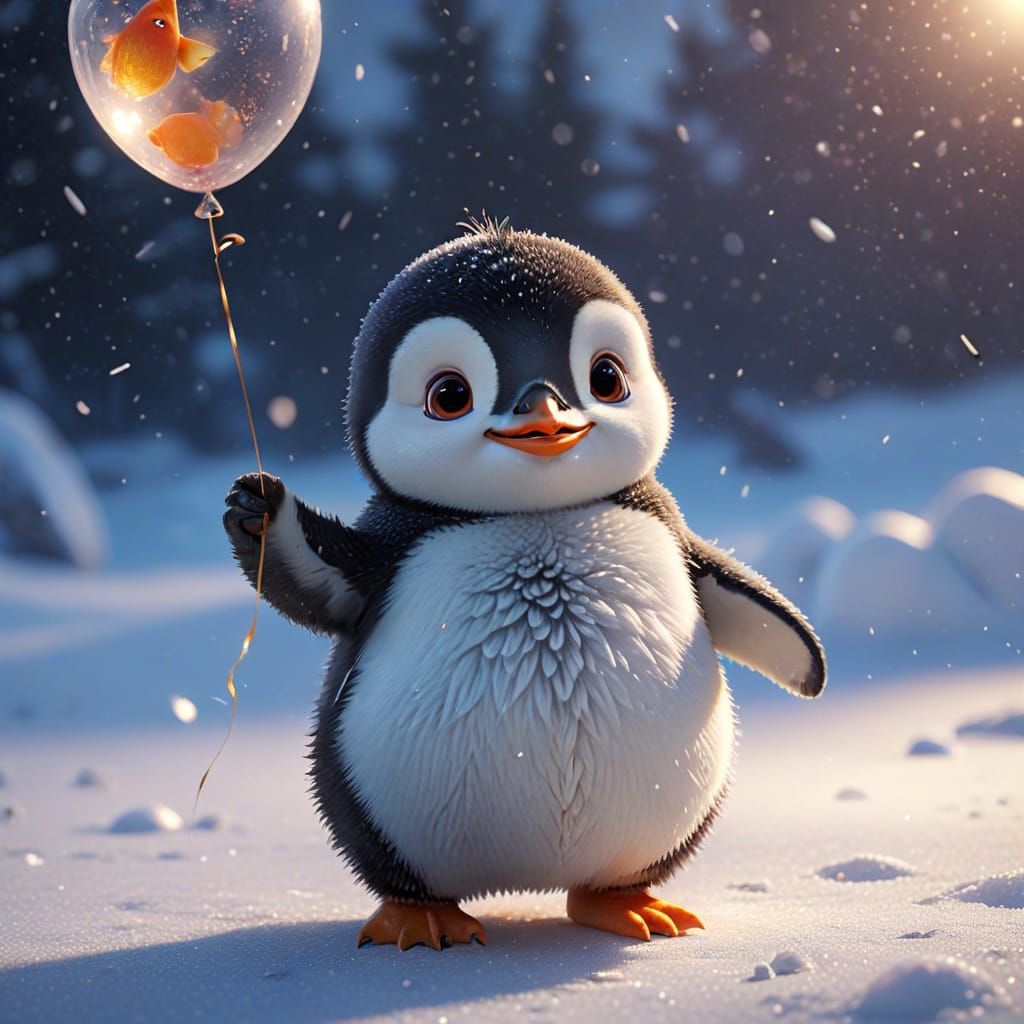 Cute Baby Penguin with Goldfish Balloon in Snow