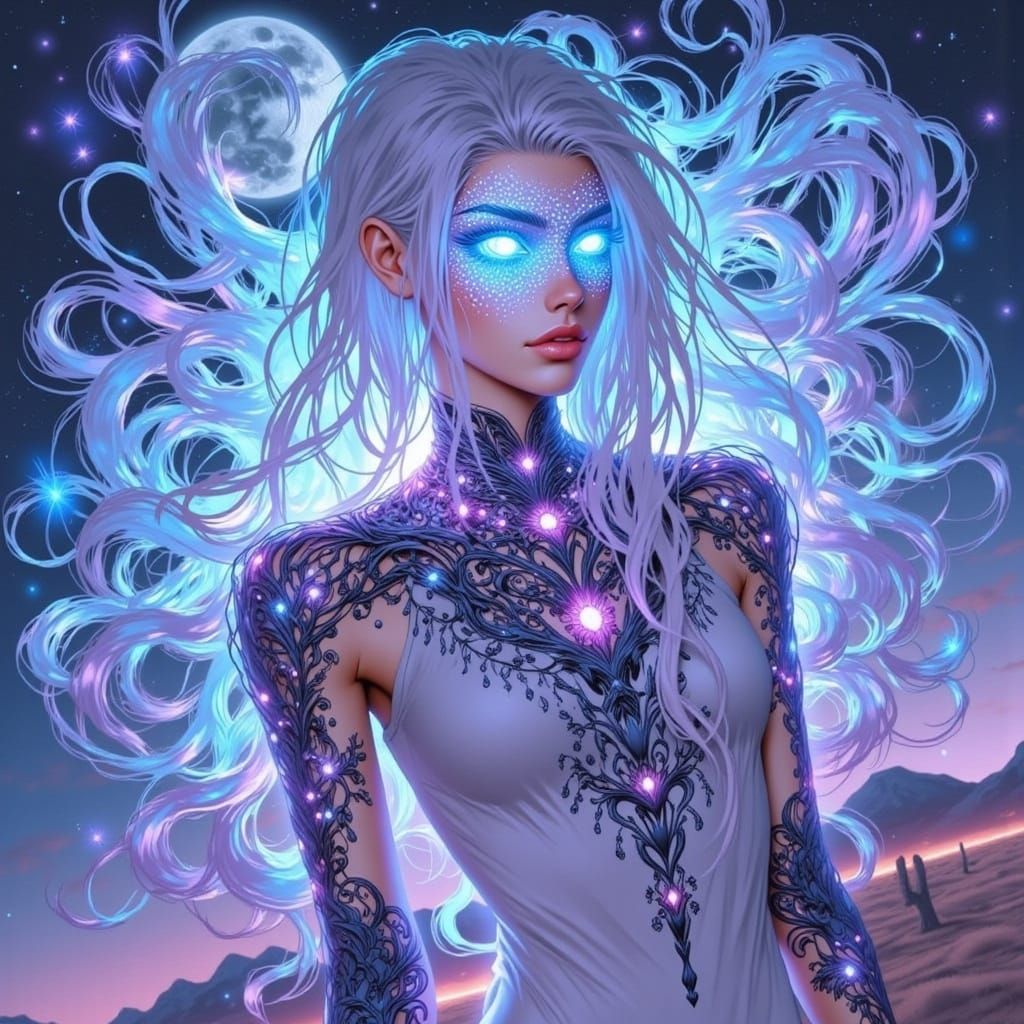 Woman with Digital Hair in Moonlit Desert