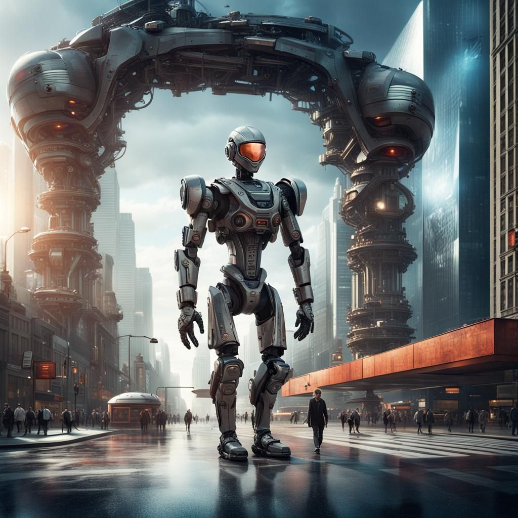 Mechanized Human Strolls City Street: Hyperrealistic Photogr...