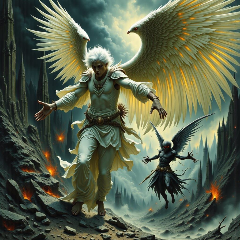 Angel Warrior Battles Fiery Demon in Dramatic Style