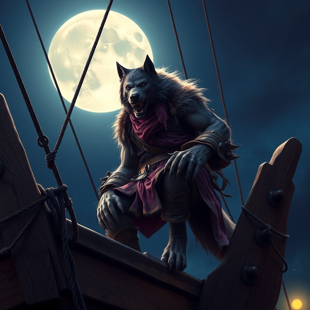 Majestic Werewolf Pirate Ascends Moonlit Pirate Ship