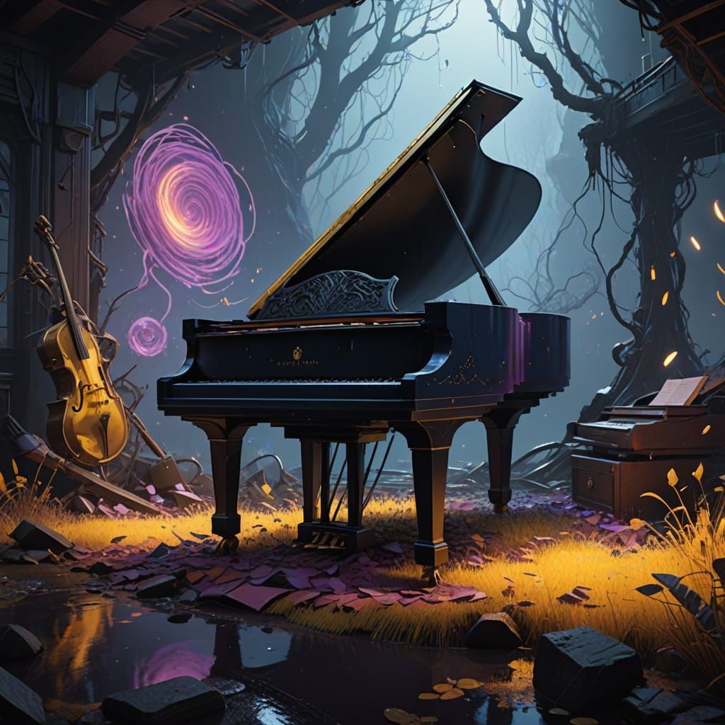 Epic Grand Piano Silhouette in Cosmic Splendor