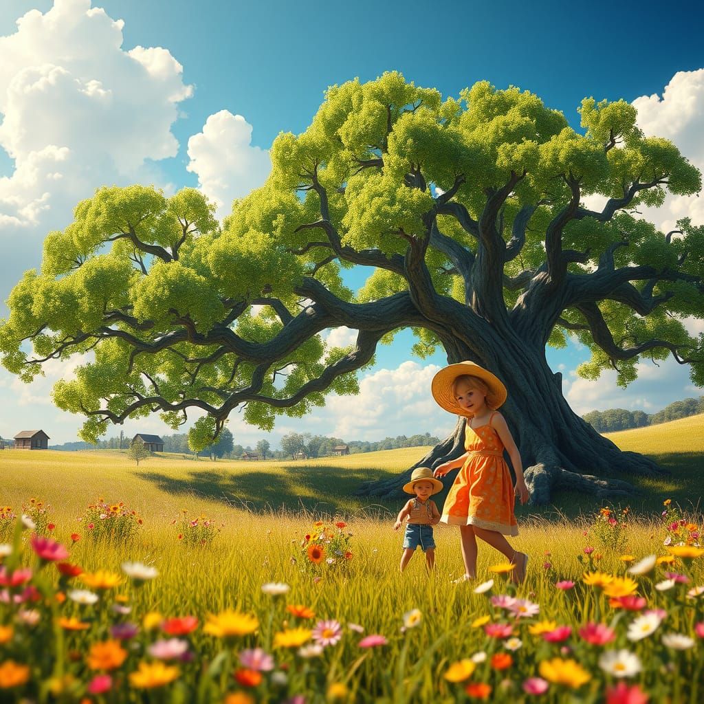 Gentle Summer Afternoon with Sister and Brother in a Vibrant...