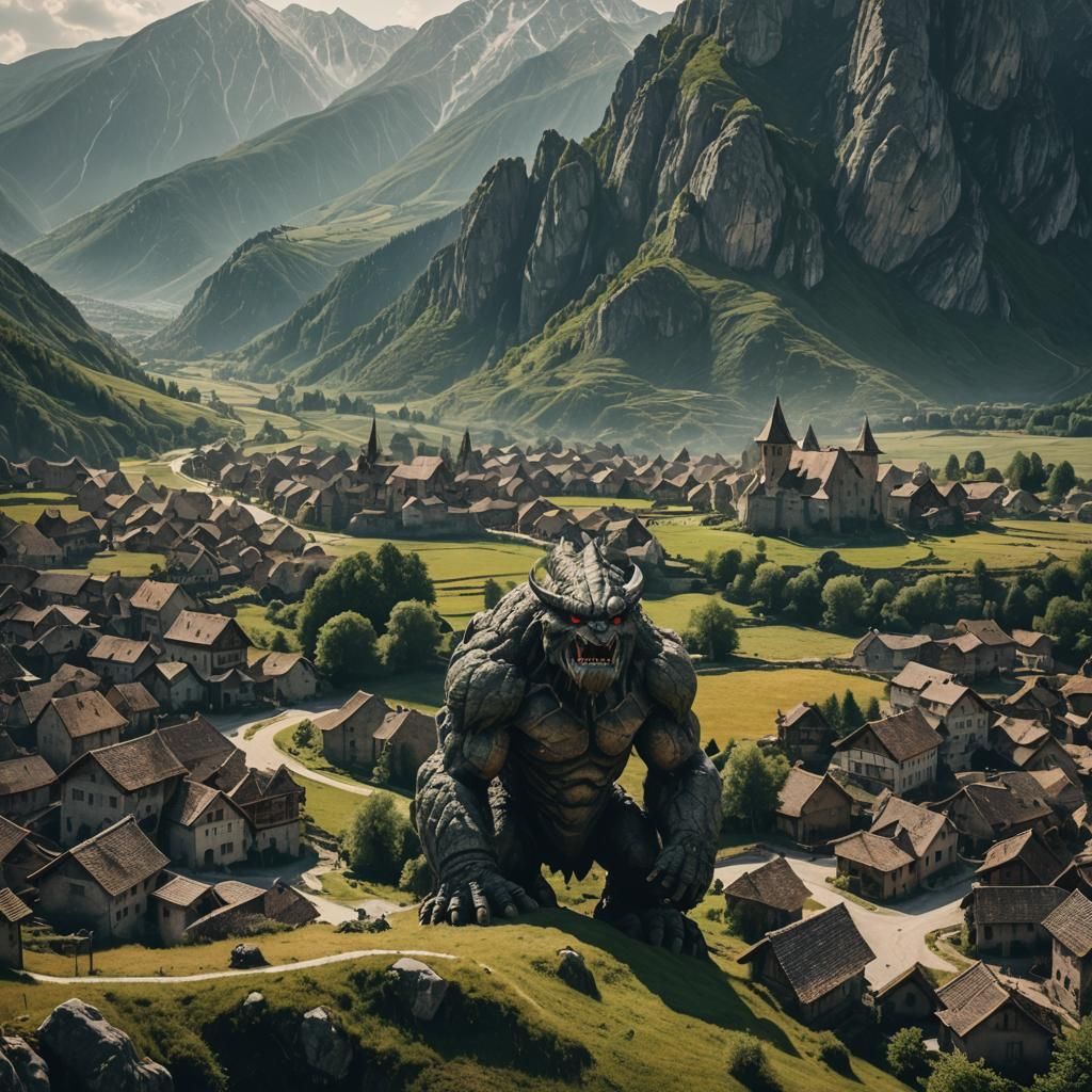 Epic Stone Golem Overlooks Medieval Village