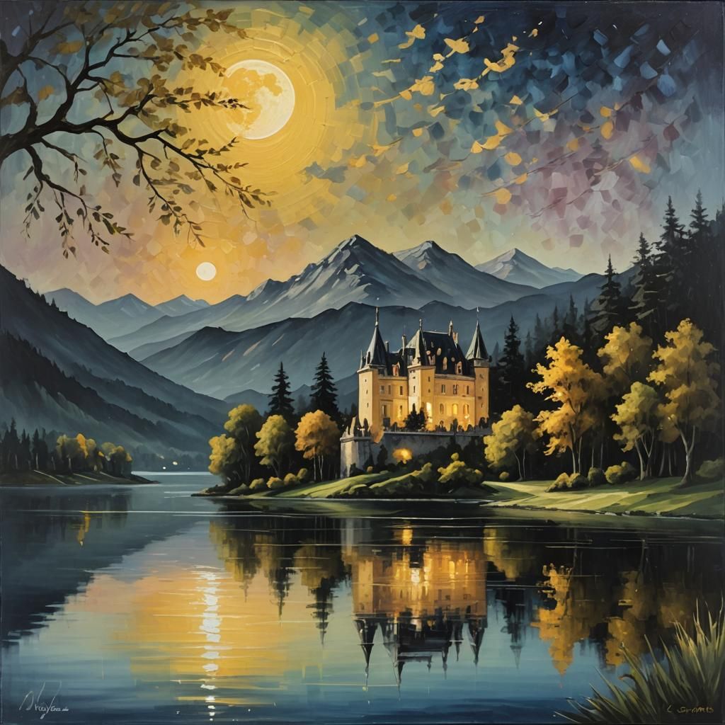 Romantic Chateau Landscape with Yellow Moon