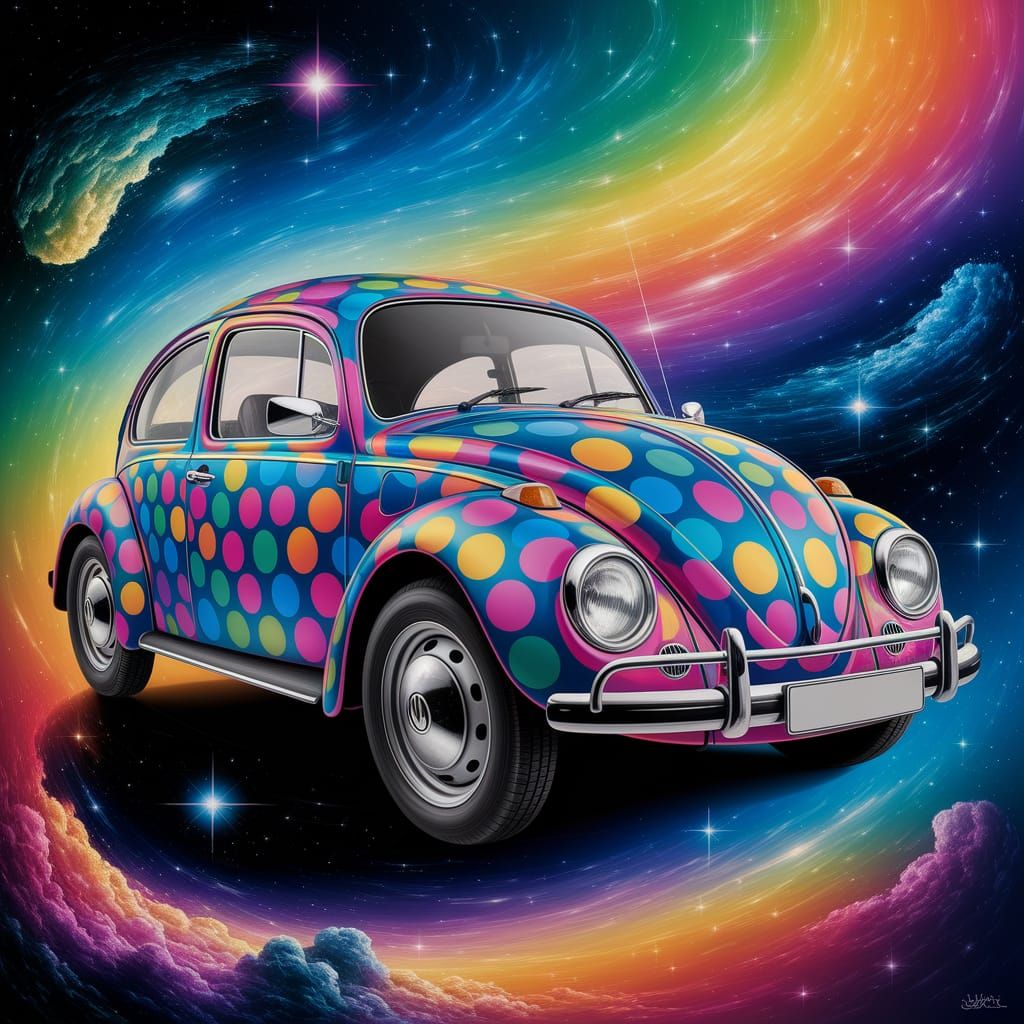Polka Dot VW Beetle in Cosmic Dreamscape