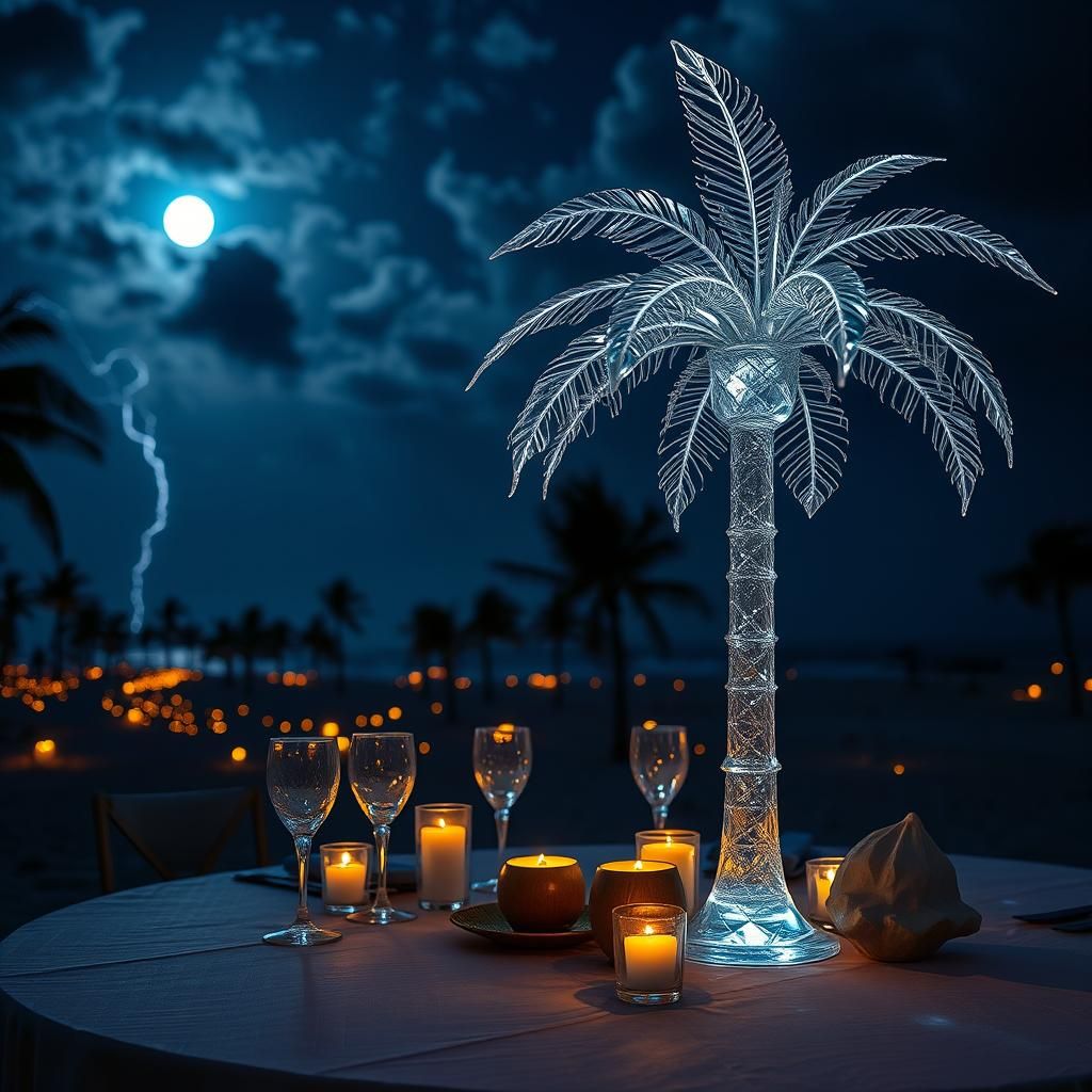 Ethereal Crystal Palm Tree Dinner Party on a Beach