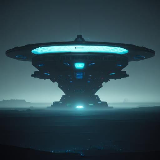 Neon UFO Over Barren Landscape Sci-Fi Illustration
