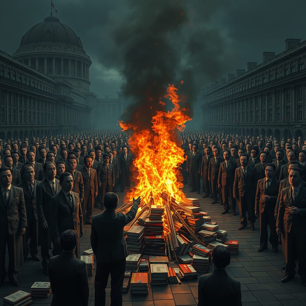 Mindless Crowds Consume Knowledge in a Dystopian Bonfire