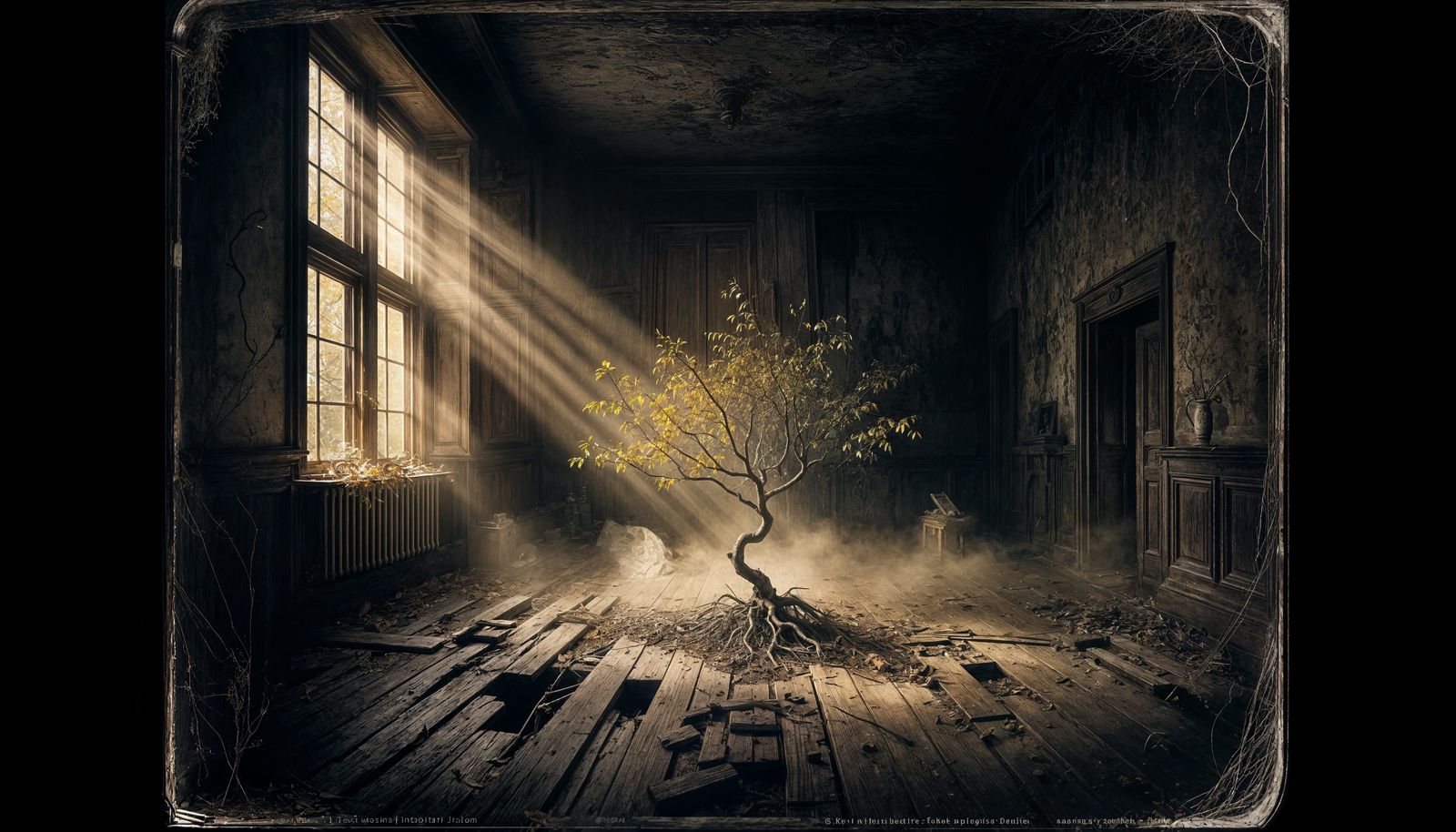 Autumn Tree Sprouts in Abandoned Room: Wet Plate Photography
