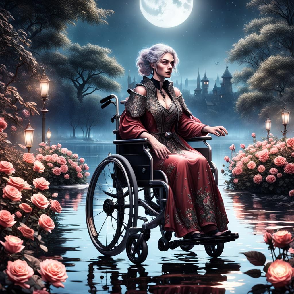 Woman in Wheelchair Enjoys Roses by Lake