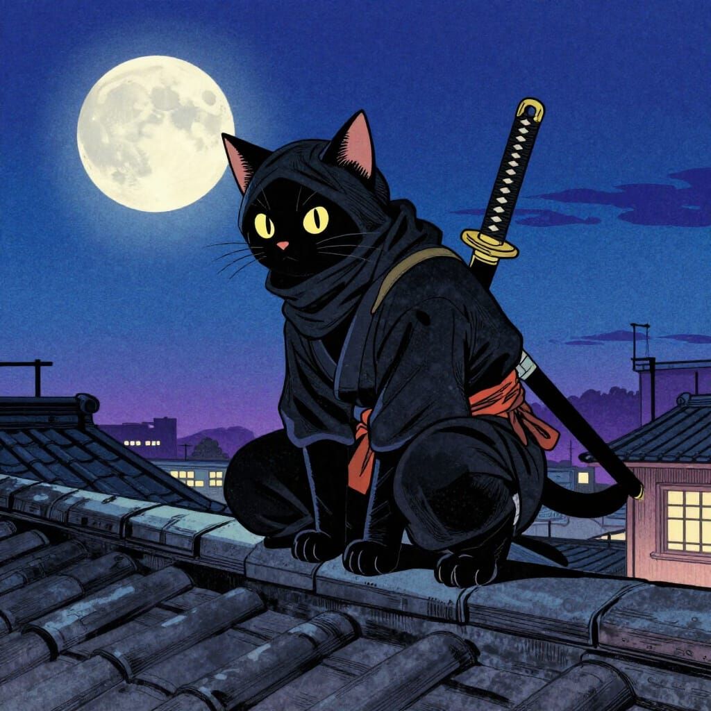 Black Cat Ninja Crouches on Rooftop in Ukiyo-e Style
