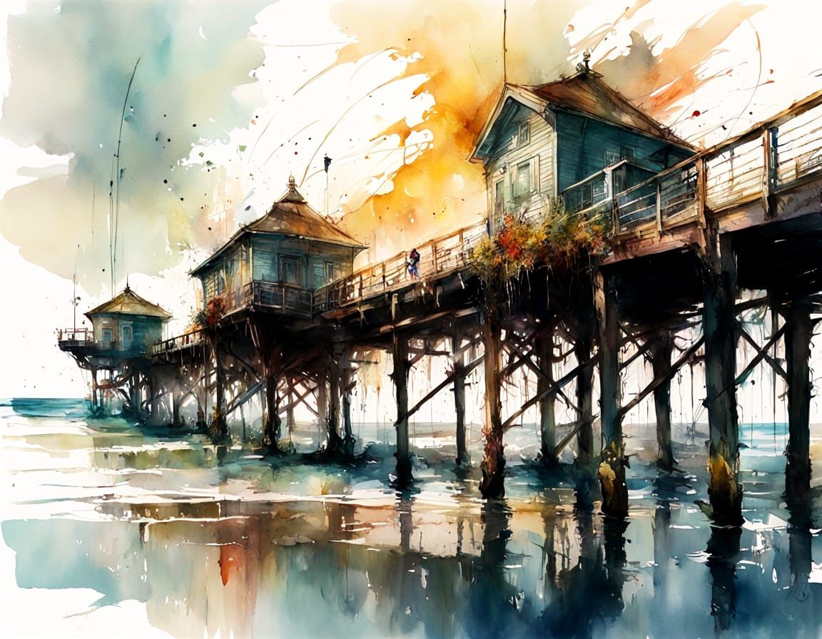 18th Century Pier in Hyperrealistic Watercolour Style